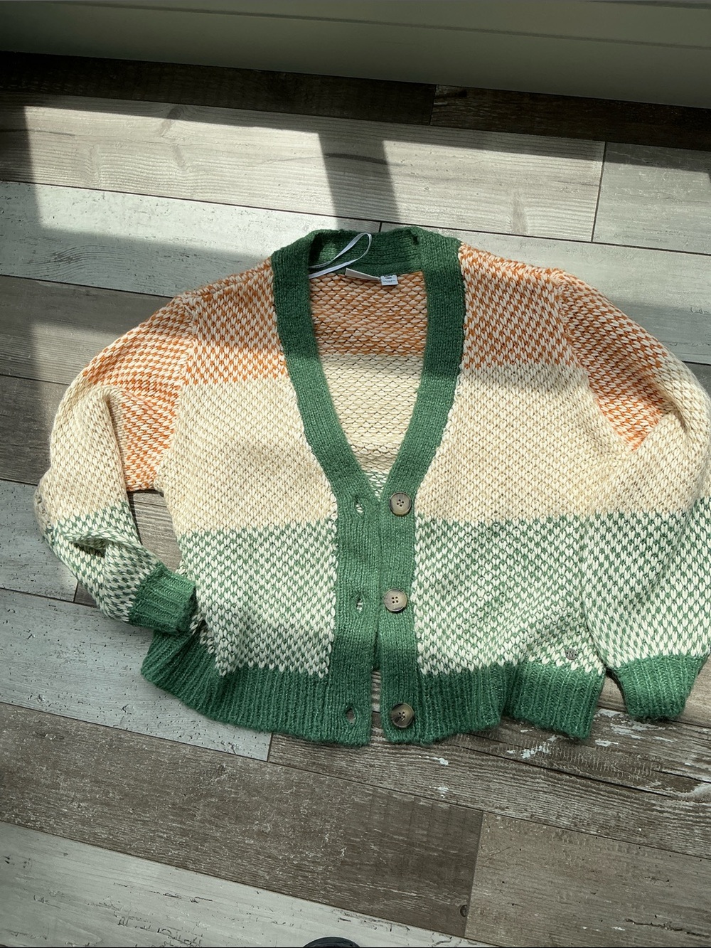 Striped Knit Cardigan Sweater in Green, Cream & Orange L - Picture 4 of 5